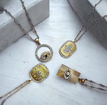 Load image into Gallery viewer, Evil Eye Talisman Tag Pendenat 14K Gold Steel Necklace: Clear
