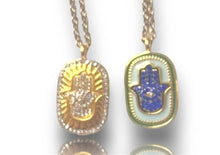 Load image into Gallery viewer, Hamsa Enamel and Crystal Necklace Double Sided Amulet
