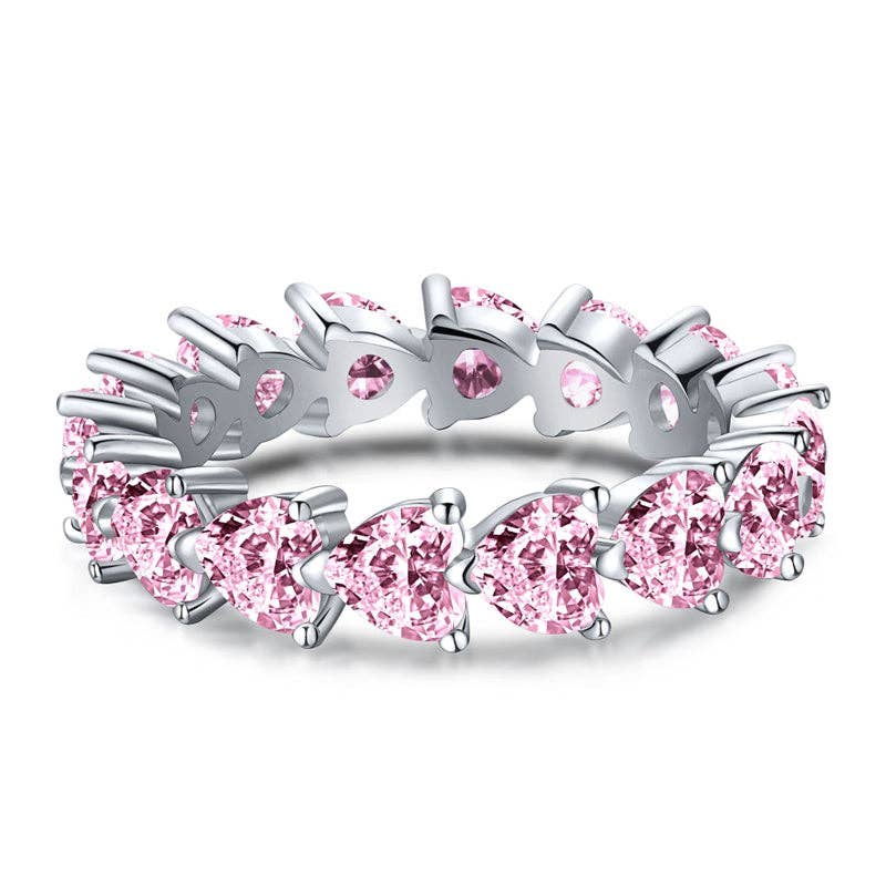 Pink Heart Pave Setting Eternity Ring in 925 Sterling Silver: Pink / 8 US